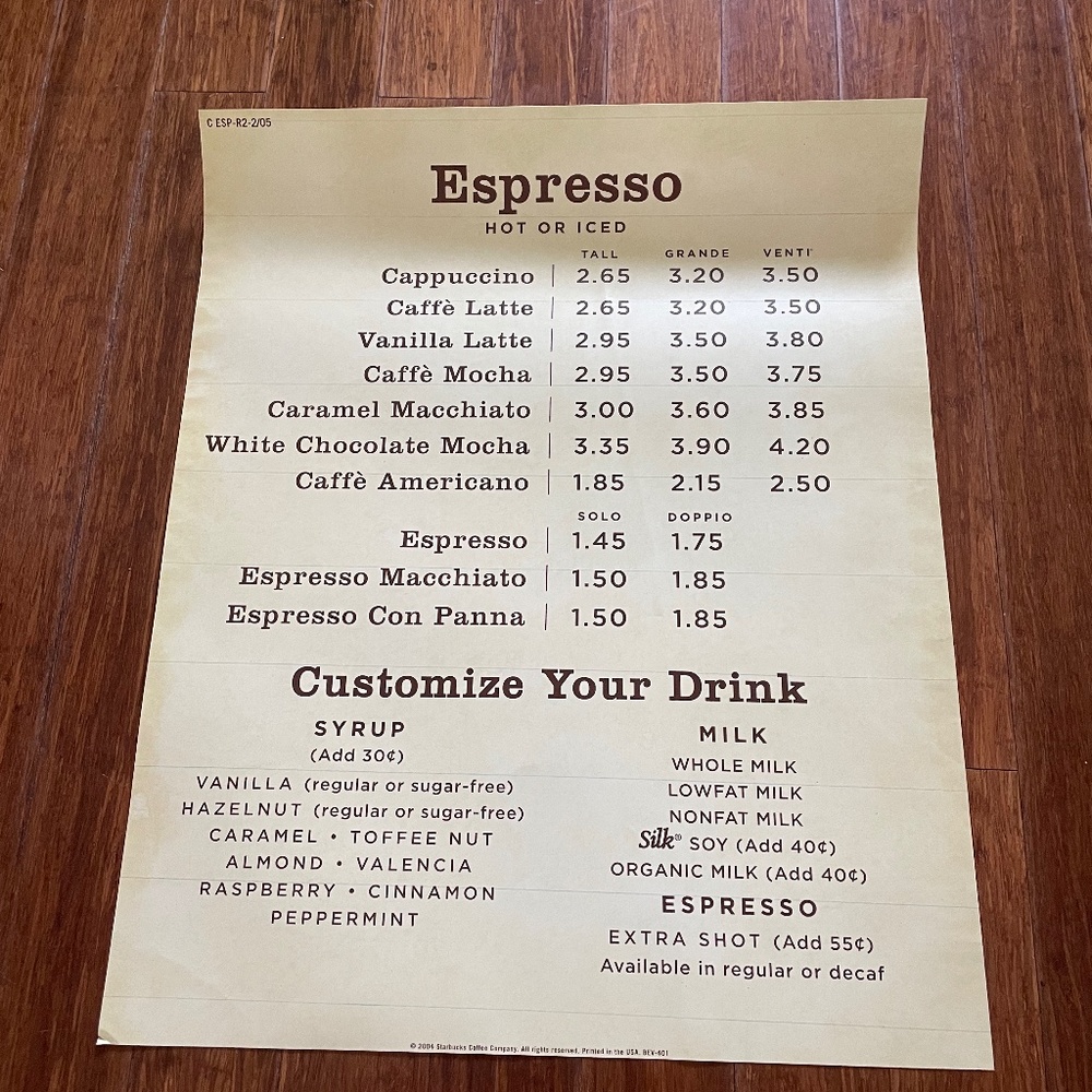 Classic 2005 Starbucks Menu With Prices